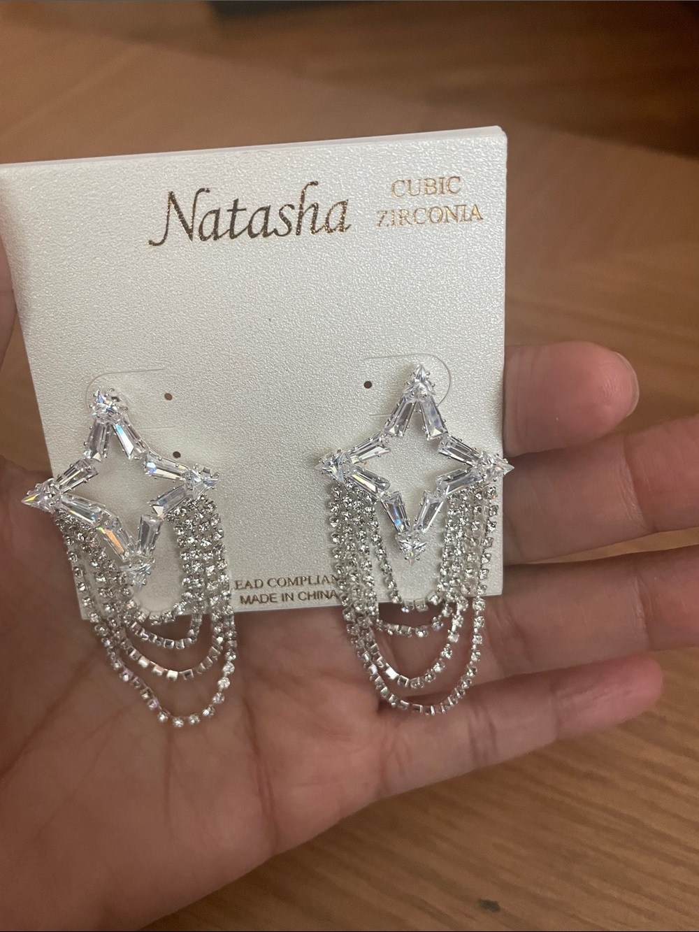 Natasha Couture Silver Star Fringe Drop Earrings